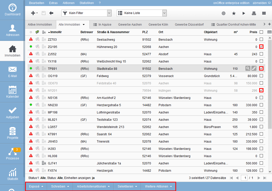 Immobilienliste Aktionsleiste