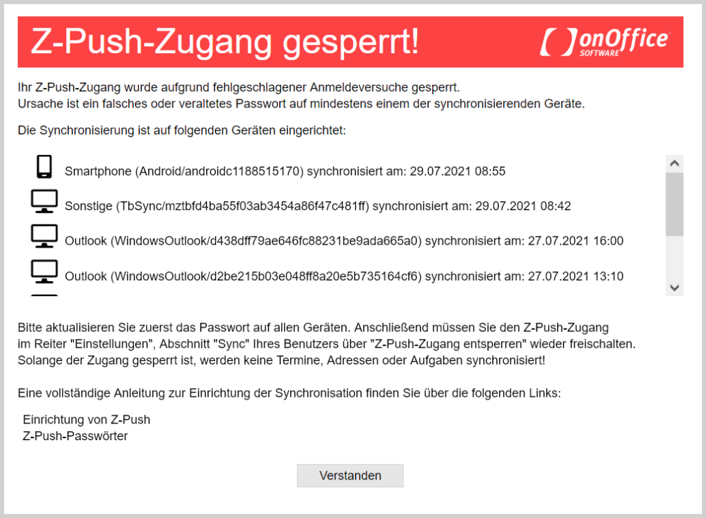 Meldung bei gesperrtem zPush-Account nach dem Login.