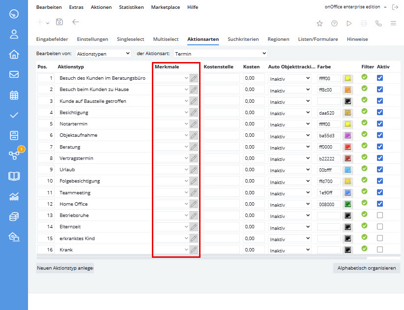 Administration Merkmale Aktionstypen Hinzufuegen