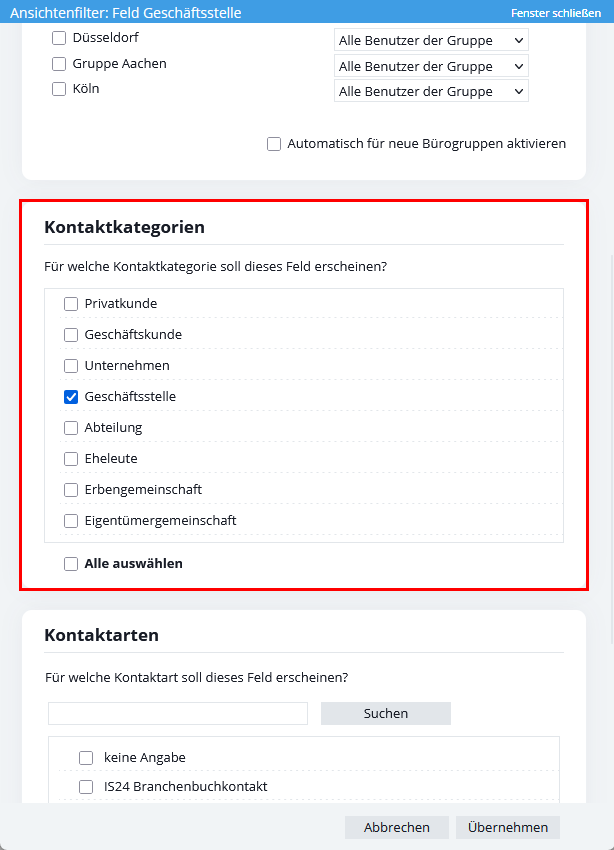 Einstellung eines Feldfilters Kategorie - Kontaktkategorie