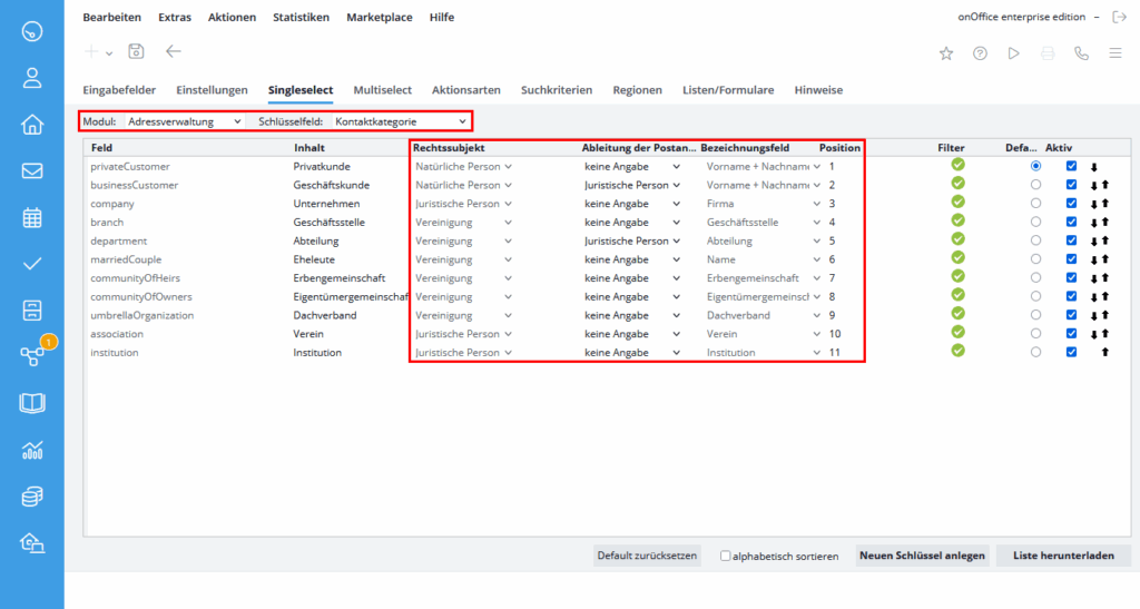 Einstellungen der Kontaktkategorie unter Singleselect