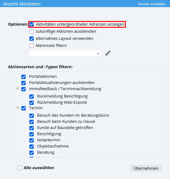 Einstellungen der Aktivitäten mit gehighlighteter Option - Aktivitäten untergeordneter Adressen anzeigen