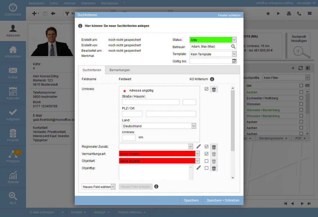 Creation of a new search profile