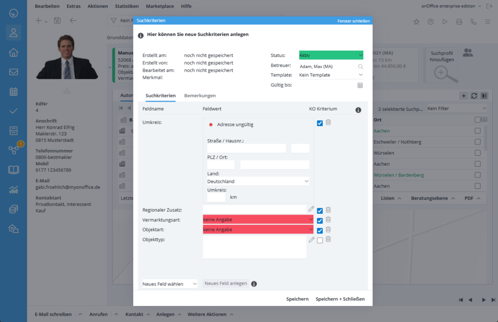 Erstellung eines neune Suchprofils