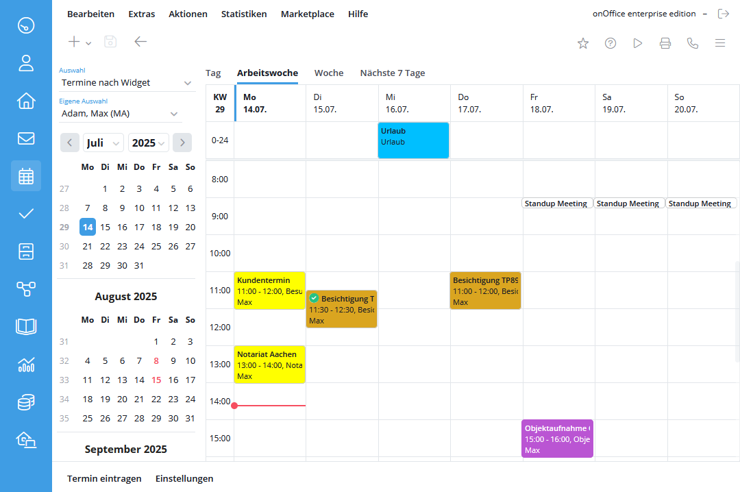 Visualizzazione del calendario da un widget per appuntamenti