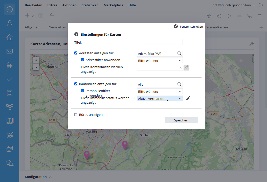 Settings for the map widget for addresses and properties