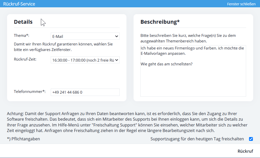 Popup Rückruf-Service