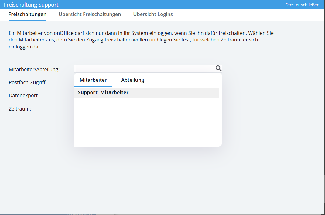 Wählen Sie im Feld Mitarbeiter/Abteilung den onOffice Mitarbeiter.