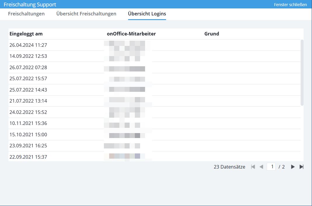 Übersicht der Logins durch onOffice Mitarbeiter