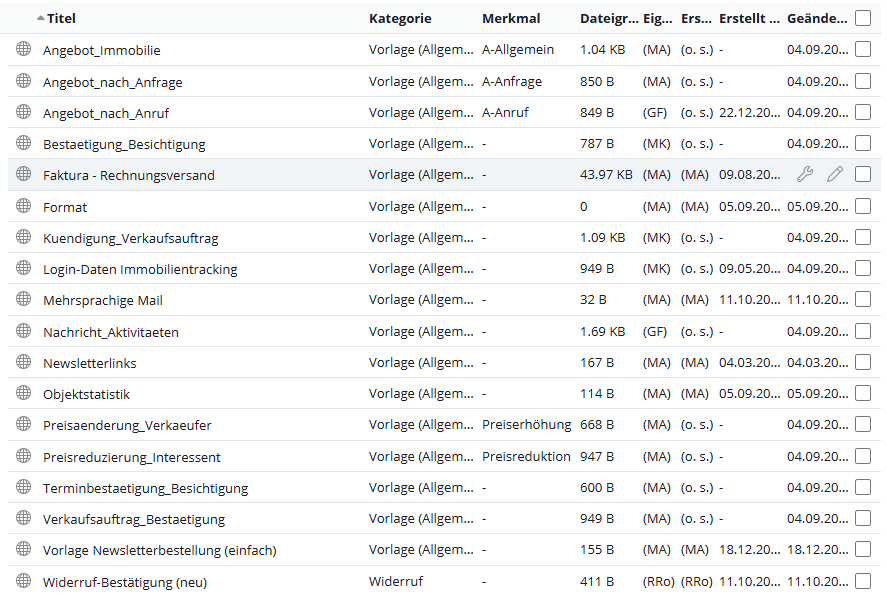 Vorlagenliste als Tabelle
